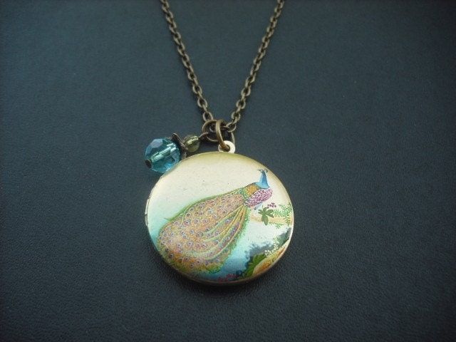 Pfau in Bloom Locket Halskette Mit Kristallperle von Lana0Crystal