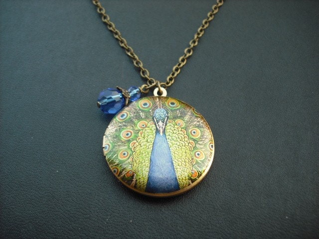 Phantasie Blau Pfau Medaillon Mit Antiken Messing Kette Halskette von Lana0Crystal