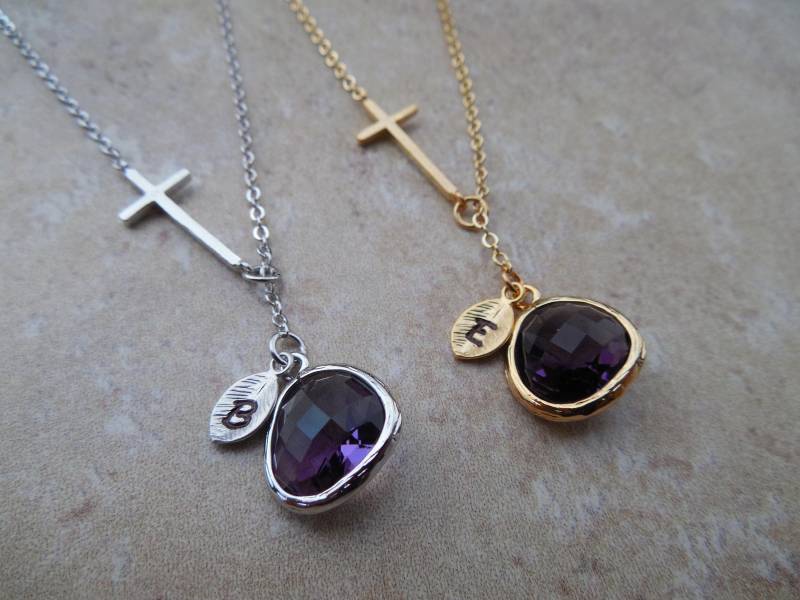 Silber Oder Gold Februar Amethyst Lariat Halskette Mit Handgestempelten Initialisierten Blatt, Kreuz, Juwel - Erhältlich in Allen Geburtssteinen von Lana0Crystal
