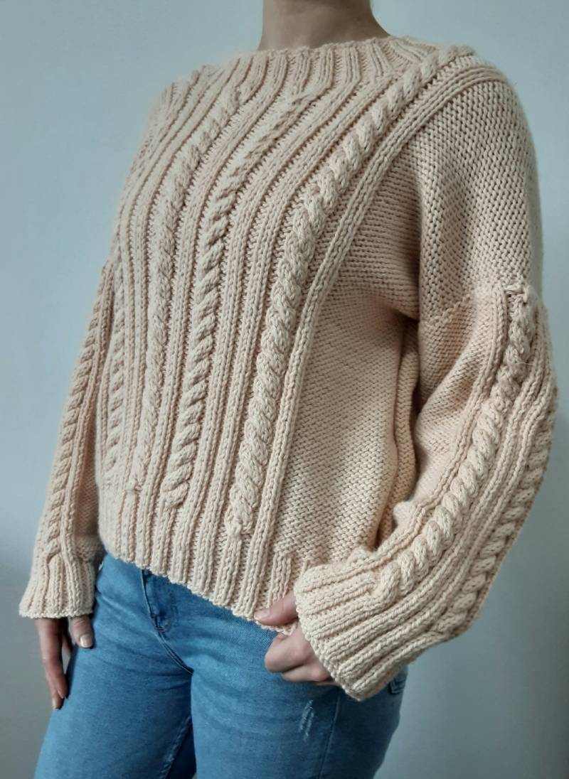 Oversized Pullover Zopfstrick Wolle Lang Yarns Handarbeit von LanaKnaub
