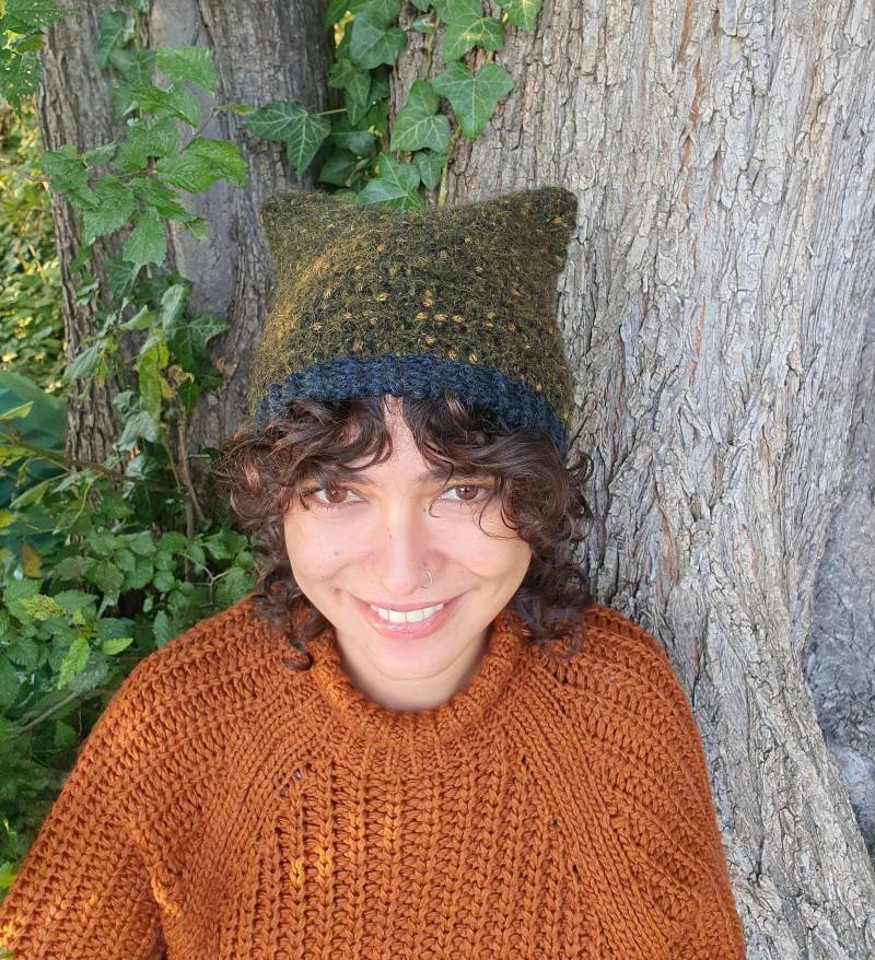 Häkel Katzen Mütze Wollmütze Grün Gelb Blau von LanaLunaCrochetArt