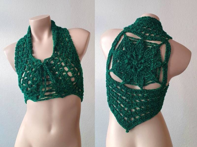 Häkel Mandala Weste Hippie Boho Goa Festival Grün Schwarz von LanaLunaCrochetArt