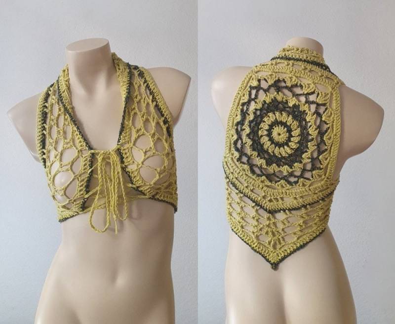 Häkel Mandala Weste Neon Gelb Grün Hippie Boho Goa Festival von LanaLunaCrochetArt