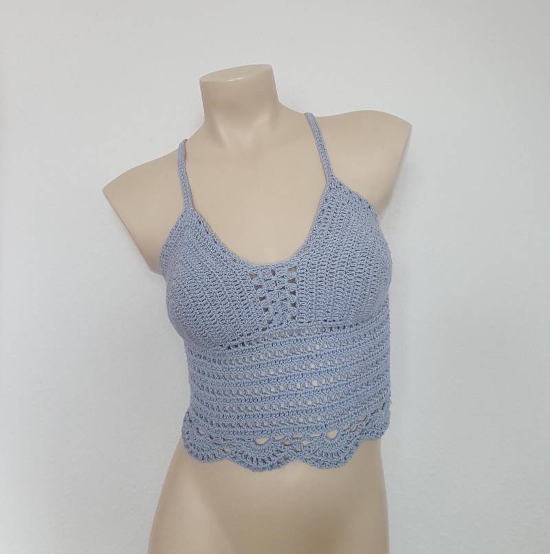 Curvy Häkeltop Häkel Crop Top Boho Hippie Hellblau Plus Size von LanaLunaCrochetArt