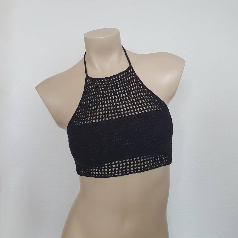 Häkeltop Mesh Netz Häkel Crop Top Schwarz Techno Festival von LanaLunaCrochetArt