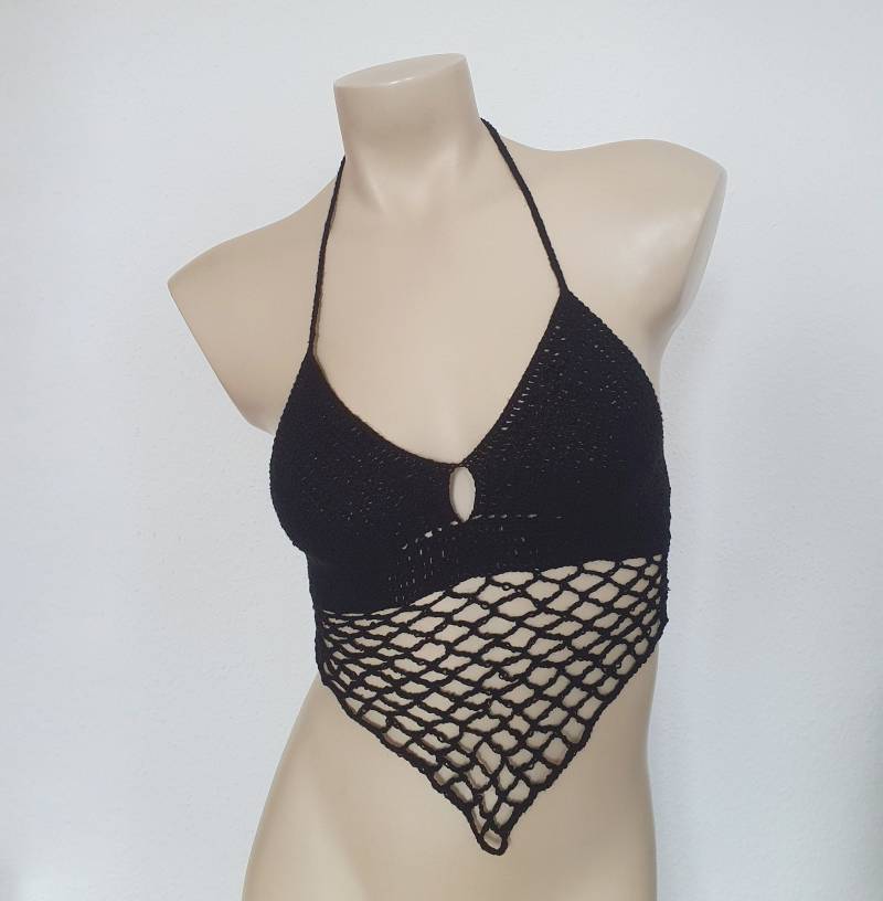 Netz Häkeltop Häkel Crop Top Techno Y2K Schwarz Berlin von LanaLunaCrochetArt