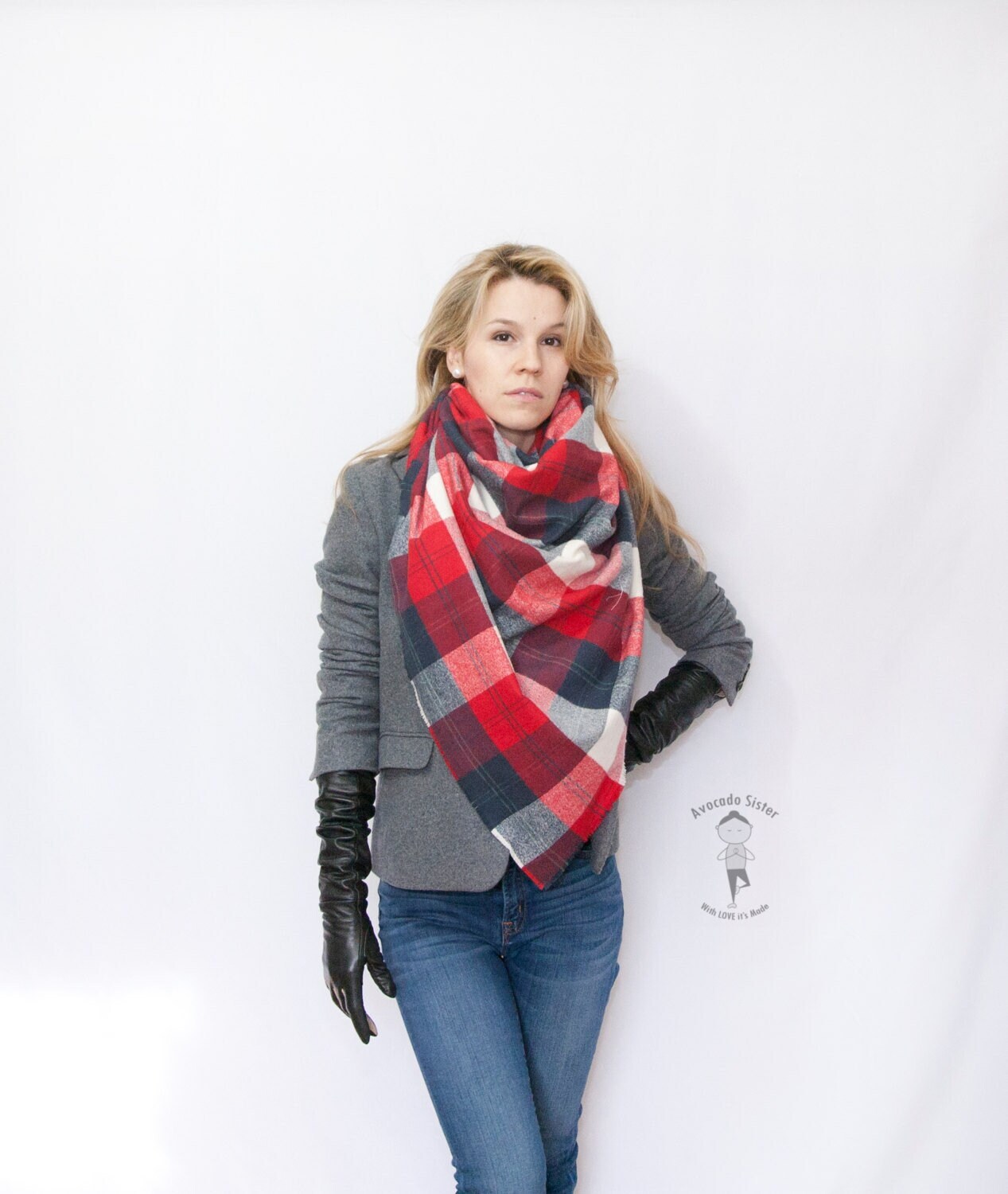 Übergroßer Deckenschal - Karierter Baumwoll-Tartan-Schal Flanell-Fransen-Karierter Schal Rot-Marine-Weiß-Wrap Gemütlicher Karo-Loop von LanaLunaOM