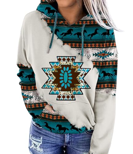 Lanaoree Damen Western Ethno Style Print Aztec Hoodie Pullover Cowgirl Rhombus Printed Hooded Sweatshirt, Blau, XXL von Lanaoree