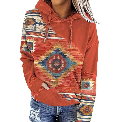 Lanaoree Damen Kapuzenpullover mit geometrischem Pferdemuster, Aztekenmuster, Cowgirl, Western-, Ethno-, Rautenmuster, bedruckt, Kapuzen-Sweatshirt, rot / weiß, M von Lanaoree