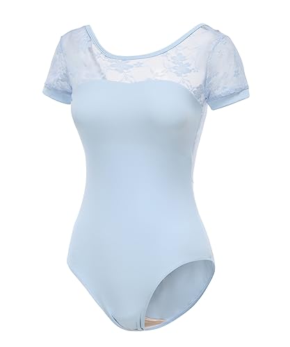 Lanbodance Damen Kurzarm Balletttrikot Gymnastik Tanz Erwachsene Trikot Bodysuit, Himmelblaue Spitze, XL von Lanbodance