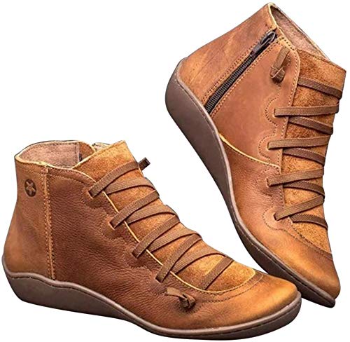 Lanbowo Stiefel Damen Leder Stiefeletten Herbst Vintage Schnürer Damen Schuhe Bequem Flach Absatz Stiefel Reißverschluss Kurze Stiefel - Braun, 41 von Lanbowo