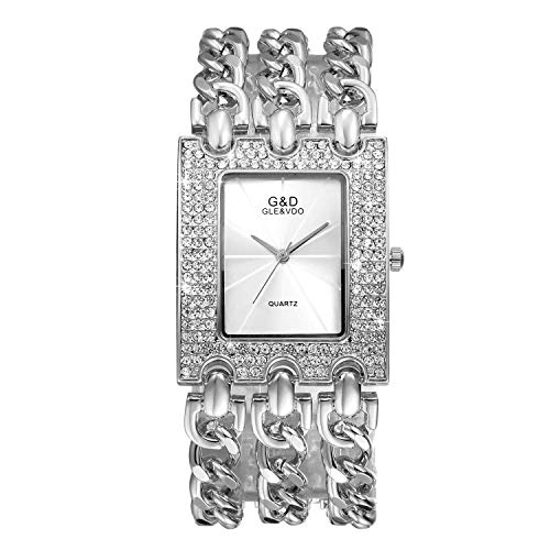 Lancardo Armbanduhr Frauen Analog mit Kette Armband Rechteck Strass Hip Hop Stil Uhr Silber von Lancardo