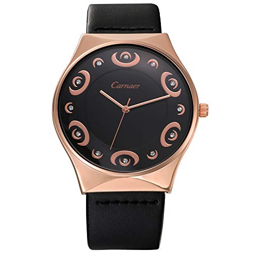 Lancardo Herren Damen Armbanduhr Analog mit Leder Echtleder Armband Mond Strass Zifferblatt 30M Wasserdicht Uhr schwarz Rosegold von Lancardo