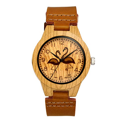 Lancardo Herren Damen Holz Flamingo Armbanduhr Analog mit Leder Echtleder Armband Uhr braun von Lancardo