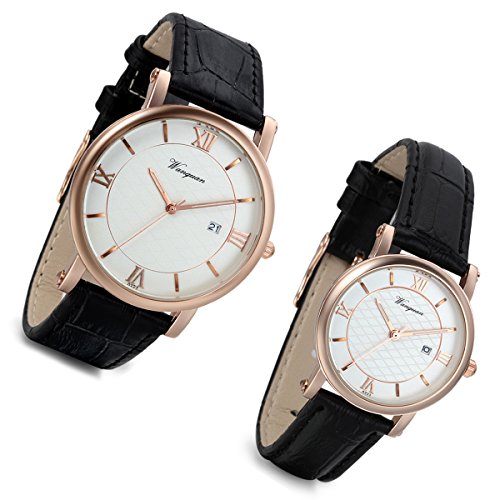 Lancardo 2pcs Herren Damen Freundschafts Armbanduhr, Casual Analog Quarz Kalender Design klassisch Uhr für Lieben Valentinstag Paar Paare Geschenk, Leder Armband, braun von Lancardo