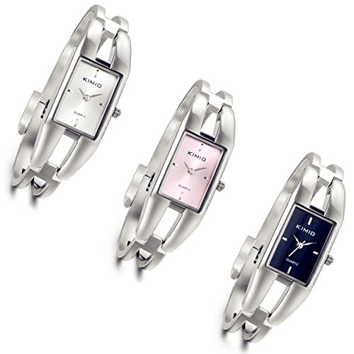 Lancardo 3pcs Damen Armbanduhr, Rechteck Manschette Damenuhr Spangenuhr Armkette Uhr Armreif Analog Quarzuhr,Silber schwarz von Lancardo