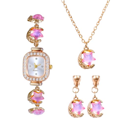 Lancardo 3pcs Rechteckige Damenuhren Set: Glänzend Diamant Kleine Analoge Quarzuhr mit Halskette Ohrringe Schmucksets Mond fünfzackiger Stern Armband Uhren Geschenke für Frauen rosa von Lancardo