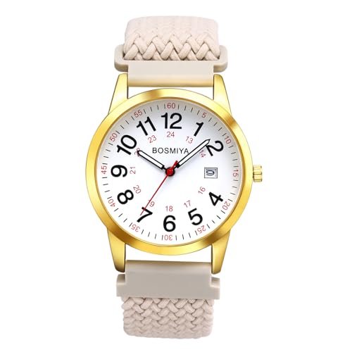 Lancardo Armbanduhren Damen Elastische Damenuhren: Große Leicht Ablesbare Kalender 24 Stunden Analoge Quarzuhr Verstellbar Geflochten Gewebearmband Uhren Geschenke für Herren Frauen Beige von Lancardo