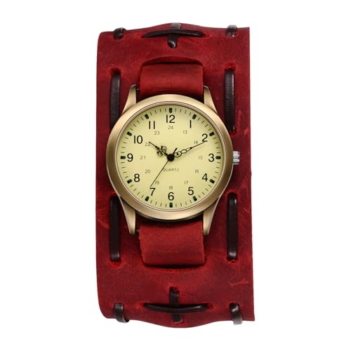 Lancardo Armbanduhren Herren Steampunk Herrenuhren: 24 Stunden Zifferblatt Analoge Quarzuhren mit Arabischen Ziffern Punk Abnehmbar Breit Lederarmband Uhren Männer rot von Lancardo