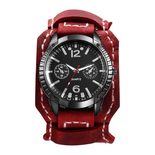 Lancardo Armbanduhren Herren Steampunk Herrenuhren: Punk Große Zifferblatt DREI Augen Analoge Quarz Uhren mit Balkenskala Breit Doppelt Lederamband Uhren Motorraduhren Geschenke für Männer rot von Lancardo