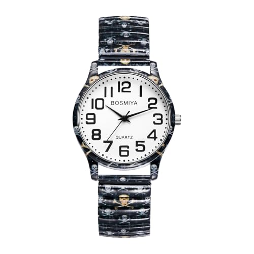 Lancardo Damenuhren Elastische Uhren Damen: Gut Klar Lesbare Analoge Quarzuhren mit Arabischen Ziffern Totenkopf Bedruckte Armbanduhren mit Edelstahl Stretchband Frauen von Lancardo