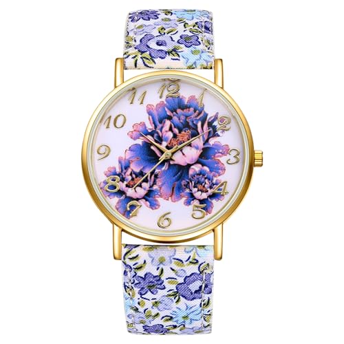 Lancardo Damenuhren Leder Uhren Damen: Bohemian Leicht Ablesbare Analoge Quarzuhr Boho Verstellbar Armbanduhren mit aufgedruckter Blumen Lederarmband Geschenke für Frauen Mädechen Dunkelblau von Lancardo