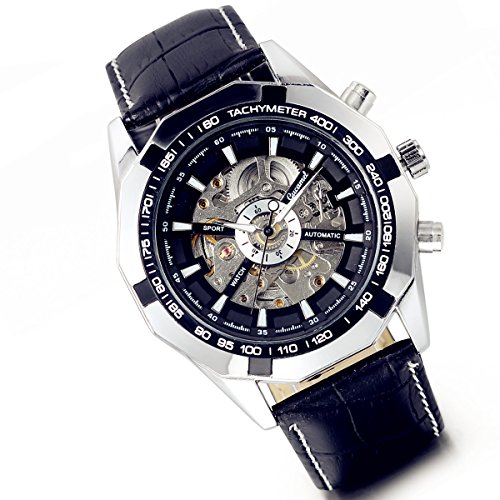 LANCARDO Herren mechanische Automatik Business Armbanduhr Skelett Automatikuhr Uhr mit Leder Armband, schwarz Silber von Lancardo