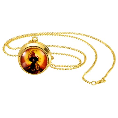 Lancardo Taschenuhren Punk Halloween Uhren: Hexe Design Analoge Quarzuhr mit Arabischen Ziffern Drehbare Taschenuhr mit Kette Geschenke für Frauen Männer Gold von Lancardo
