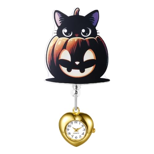Lancardo Taschenuhren Schwesternuhren Halloween Uhren: Gothic Kürbiskatze Design Herzförmige Krankenschwester Uhr Einziehbar Schwester Uhren Pflegeruhr Geschenke für Frauen Männer von Lancardo