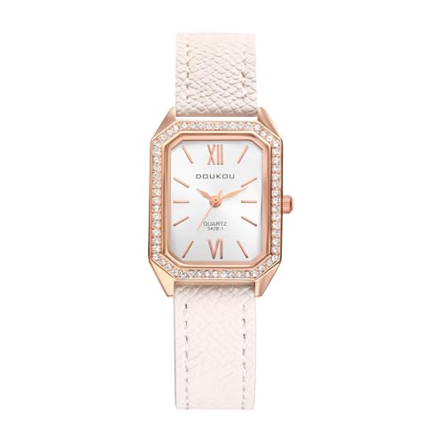 Lancardo Uhren Damen Rechteckige Damenuhren: Glänzend Volldiamant Analoge Quarzuhr mit Balkenskala Exquisite Eckige Kleine Armbanduhr mit Lederarmband Geschenke für Frauen weiß von Lancardo