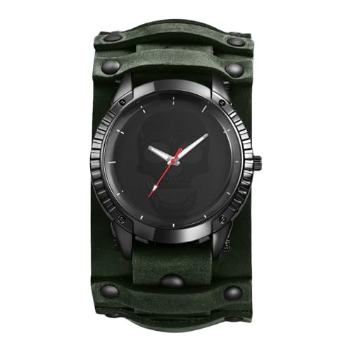 Lancardo Uhren Herren Steampunk Herrenuhren: Punk Totenkopf Zifferblatt Analoge Quarzuhren mit Balkenskala Abnehmbar Breit Leder Armbanduhren Männer grün von Lancardo
