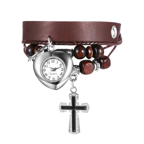 Lancardo Uhren Damen Mehrschichtige Lederuhr: Herzförmige Analoge Quarzuhr mit Kreuzanhänger Holzperlen Retro Lederarmband Damenuhren Geschenke für Frauen braun von Lancardo