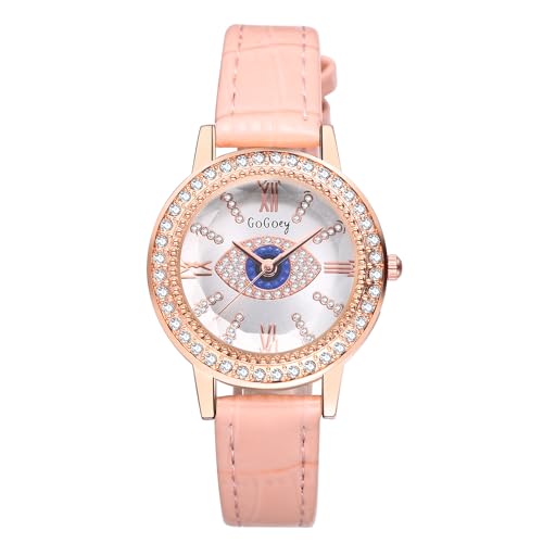 Silverora Uhren Damen Leder Damenuhren: Retro Boho Böser Blick Analoge Quarz Armbanduhr Glänzende Zirkon Strass Uhr mit Punkt Balkenskala Geschenke für Frauen Rosa von Lancardo