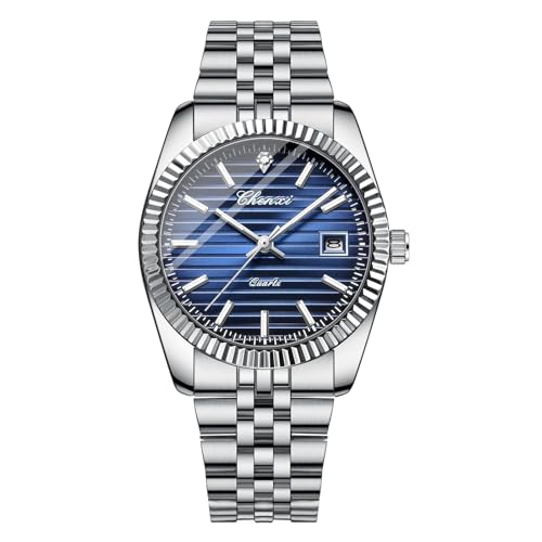 Silverora Uhren Herren Multifunktion Herrenuhr: 3ATM Wasserdicht Kalender Analoge Quarzuhr mit Leuchtzeiger Facettierter Lünette Armbanduhren mit Edelstahlarmband Geschenke für Männer Silber blau von Lancardo