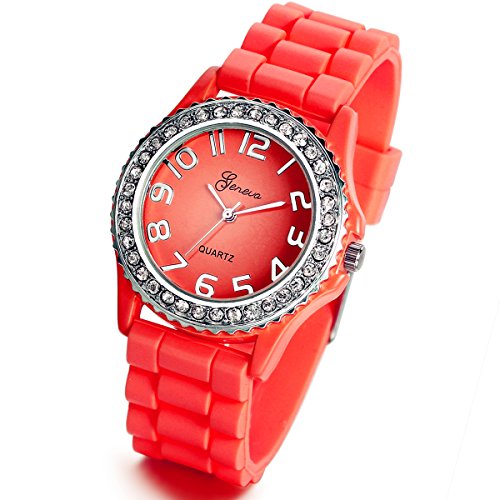 Lancardo Mädchen Damen Armbanduhr, elegant Quarz modisch silikon Uhr mit Strass Zifferblatt, orange von Lancardo