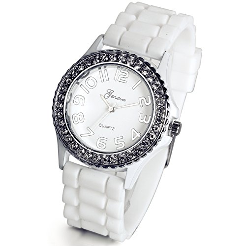 Lancardo Weißes Zifferblatt Silber Strass Runde Uhr mit strukturiertem Harzband, weiß, Armband von Lancardo