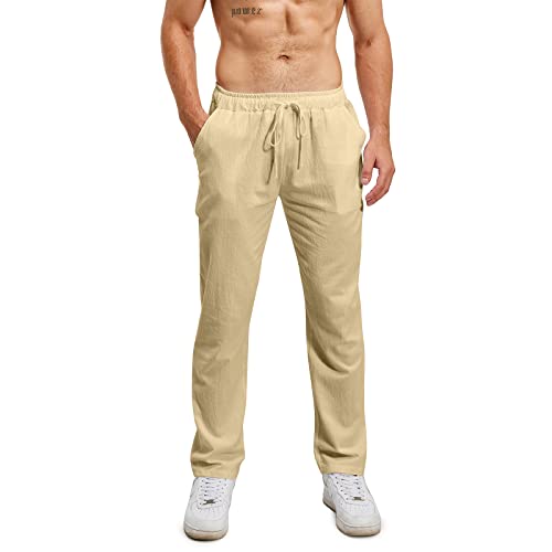 Lanckeli Herren Leinen Sommer Strand Yoga-Hose mit Kordelzug, Lässige, Lockere und Leichte Lange Hose. von Lanckeli