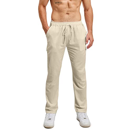 Lanckeli Herren Leinen Sommer Strand Yoga-Hose mit Kordelzug, Lässige, Lockere und Leichte Lange Hose. von Lanckeli