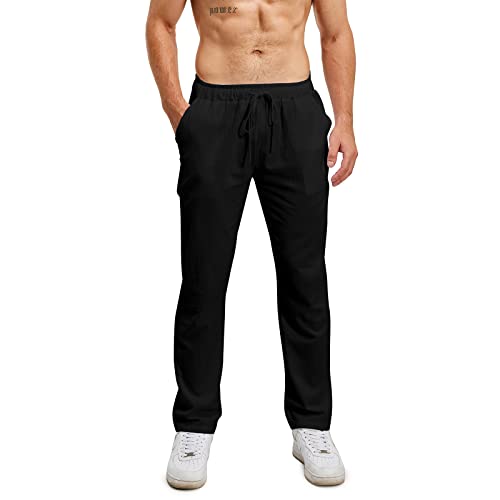 Lanckeli Herren Leinen Sommer Strand Yoga-Hose mit Kordelzug, Lässige, Lockere und Leichte Lange Hose. von Lanckeli