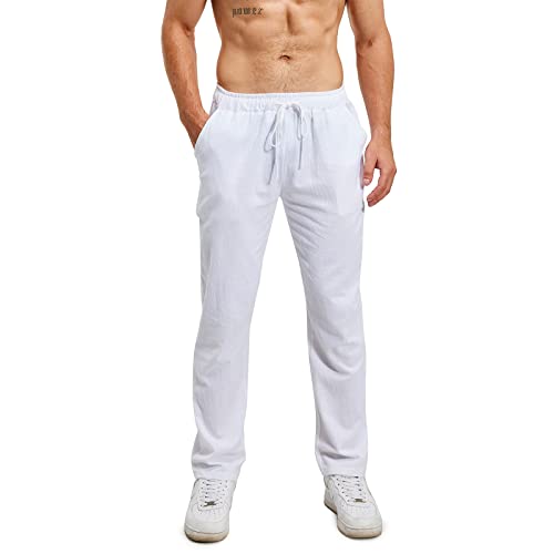 Lanckeli Herren Leinen Sommer Strand Yoga-Hose mit Kordelzug, Lässige, Lockere und Leichte Lange Hose. von Lanckeli