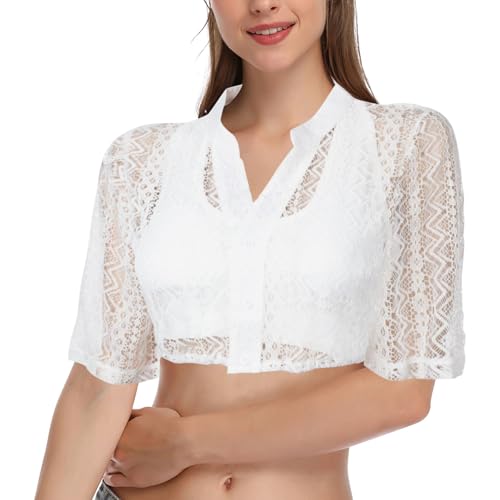 Dirndl Bluse Damen Weiß Spitze Dirndlbluse für Oktoberfest Trachtenbluse Dirndlblusen Trachtenblusen Traditionelle Kurzarm (L, Weiß Spitze)(ohne weißen BH) von Lancry