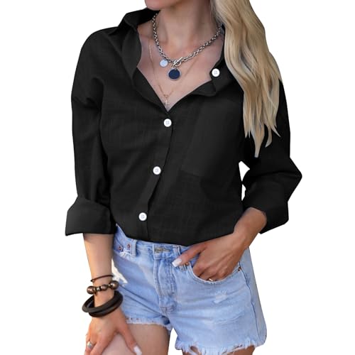 Lancry Leinenhemd Damen, Button Down Baumwoll Leinenbluse für Damen, Blusen für die Arbeit im Büro, Leinenoberteile (DE/NL/SE/PL, Alphanumerisch, XXL, Regular, Regular, Schwarz) von Lancry