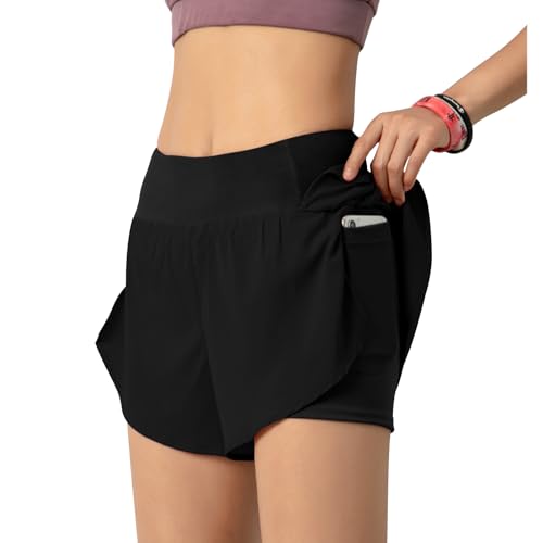 Laufhose Damen Kurz 2 in 1,Kurze Sporthose Damen mit Tasche,Running Shorts Women Sport Shorts Damen Laufshorts Gym Shorts (L, Schwarz) von Lancry