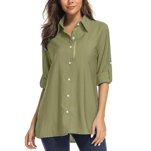 UPF 50+ UV Shirt Damen Langarm Bluse Hemdbluse Safari Hemd Damen Cooling Quick Dry Sonnenschutz UV Schutz Langarmshirt Casual Tops (XL, Khaki Grün) von Lancry