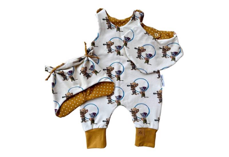 Land-Juwelen Neugeborenen-Geschenkset 3er Set Strampler Mütze Tuch "Die Bademeusel" Mäuse beige von Land-Juwelen