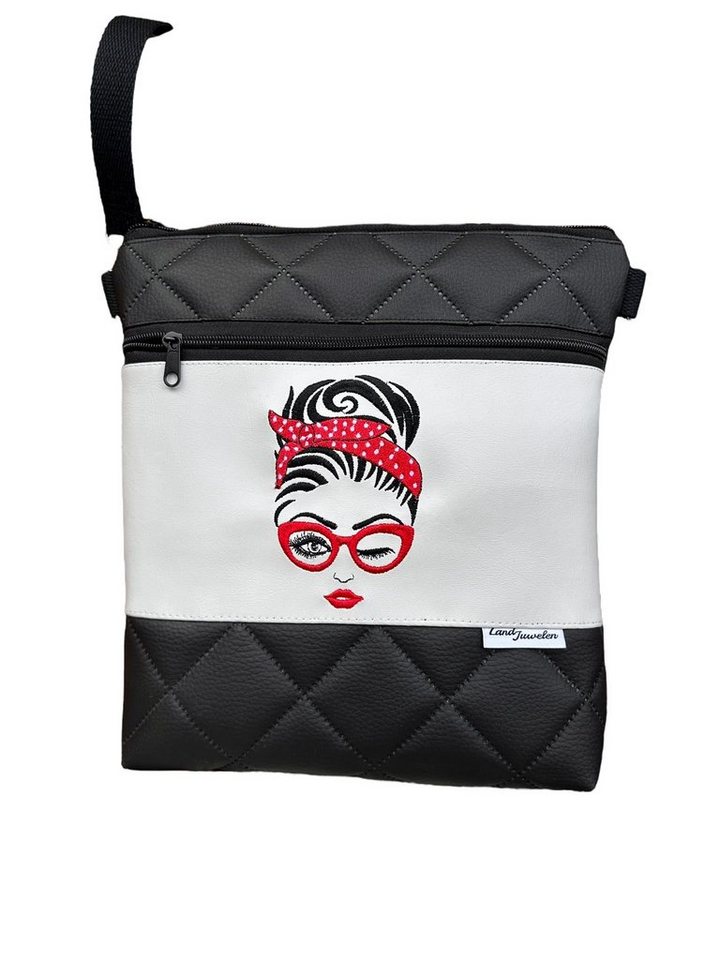 Land-Juwelen Schultertasche Bestickte Umhängetasche schwarz weiß Frau, Bestickte Vorderseite von Land-Juwelen