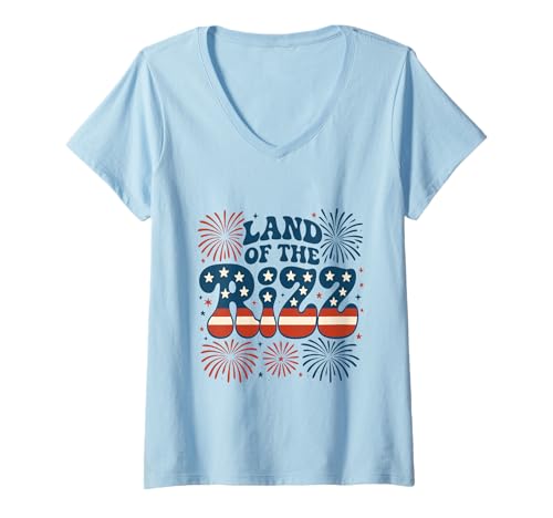 Damen Land of the Rizz Funny 4. Juli Amerikanische Flagge Feuerwerk T-Shirt mit V-Ausschnitt von Land of the Rizz Groovy 4th of July American Pride