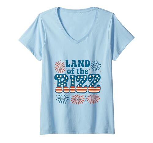 Damen Land of the Rizz Funny 4. Juli Amerikanische Flagge Feuerwerk T-Shirt mit V-Ausschnitt Damen Land of the Rizz Funny 4. Juli Amerikanische Flagge Feuerwerk T-Shirt mit V-Ausschnitt von Land of the Rizz Groovy 4th of July American Pride