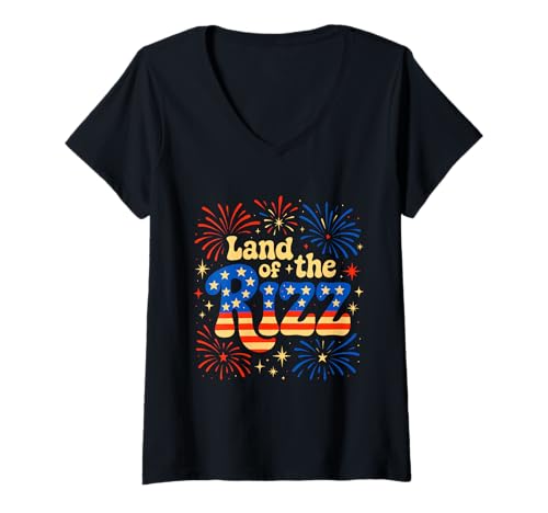 Damen Land of the Rizz Funny 4. Juli Amerikanische Flagge Feuerwerk T-Shirt mit V-Ausschnitt von Land of the Rizz Groovy 4th of July American Pride