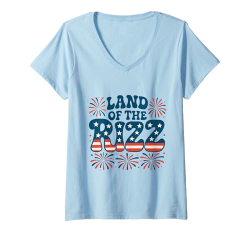 Damen Land of the Rizz Funny 4. Juli Amerikanische Flagge Feuerwerk T-Shirt mit V-Ausschnitt Damen Land of the Rizz Funny 4. Juli Amerikanische Flagge Feuerwerk T-Shirt mit V-Ausschnitt von Land of the Rizz Groovy 4th of July American Pride
